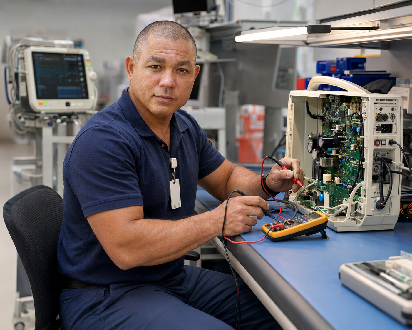 Technician performing biomedical equipment field service