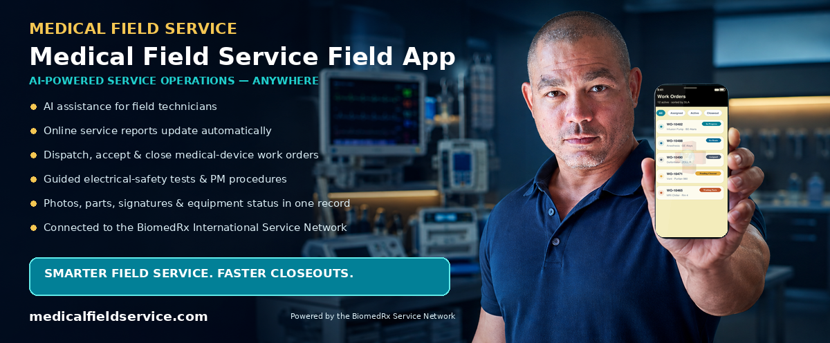 Medical Field Service App — AI-powered field-service mobile app; automatic online service reports, work-order dispatch, and closeout