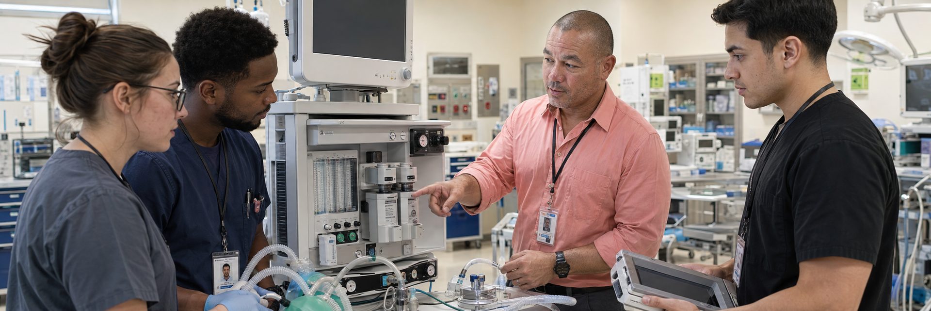Biomedical equipment technicians training on anesthesia machine service procedures