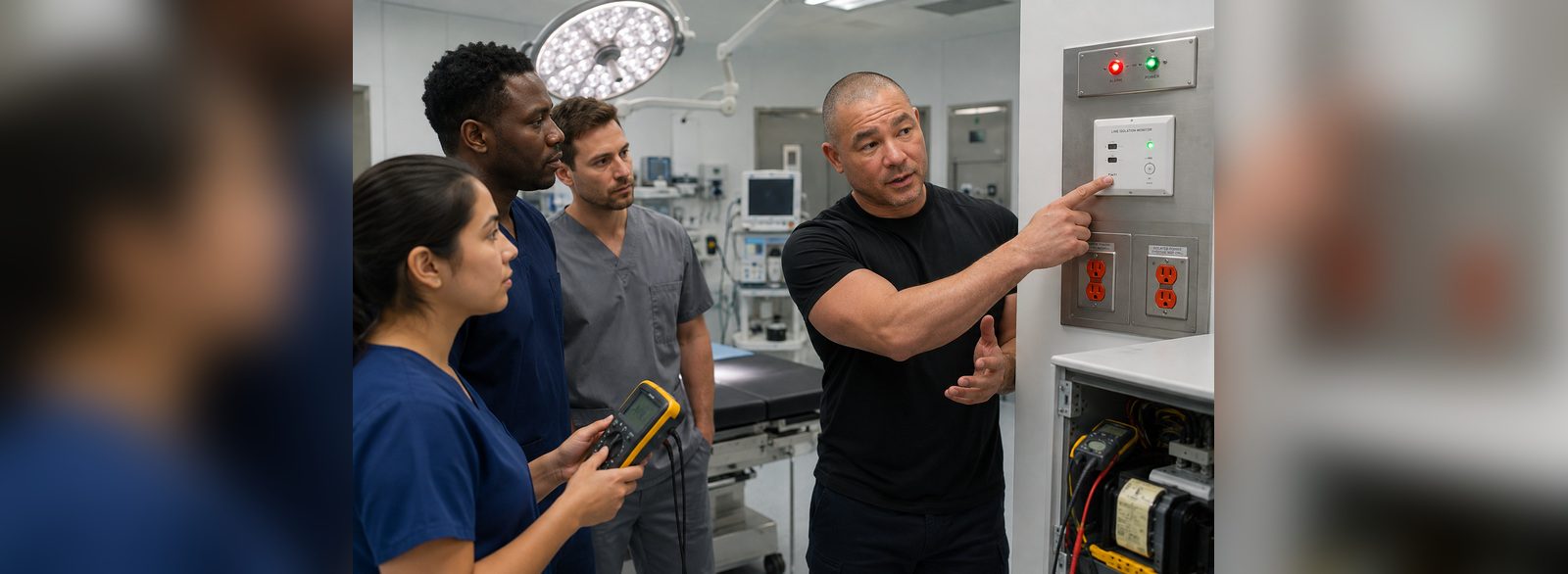 Clinical staff orientation on isolated power indicators and receptacles in a procedure room