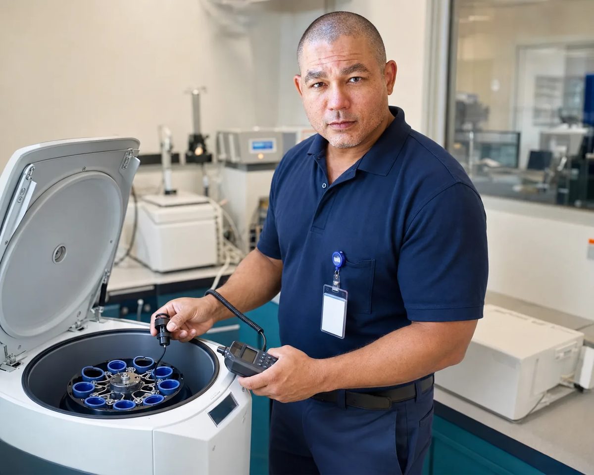 Biomedical equipment technician calibrating an open laboratory centrifuge with a handheld tachometer