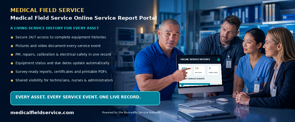 Medical Field Service Online Service Report Portal — every service event, live in your secure online report portal; view a sample report